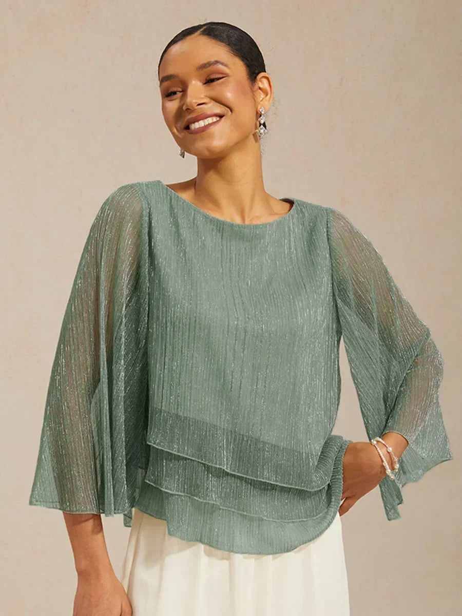 Blusa asimétrica de gasa plisada metalizada con capas superpuestas