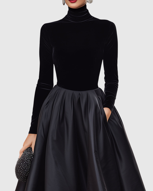Aradia | Vestido midi elegante de terciopelo negro y satén