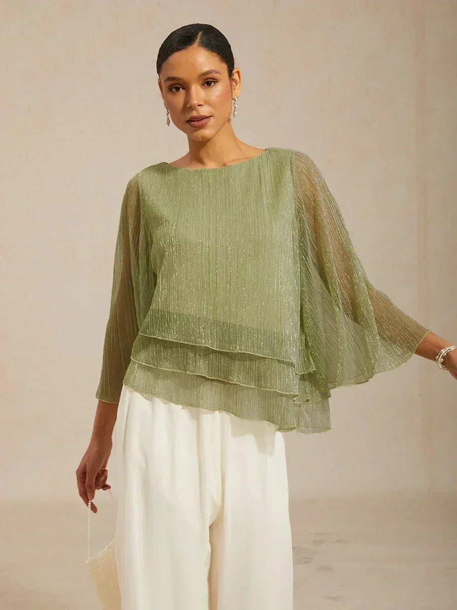 Blusa asimétrica de gasa plisada metalizada con capas superpuestas