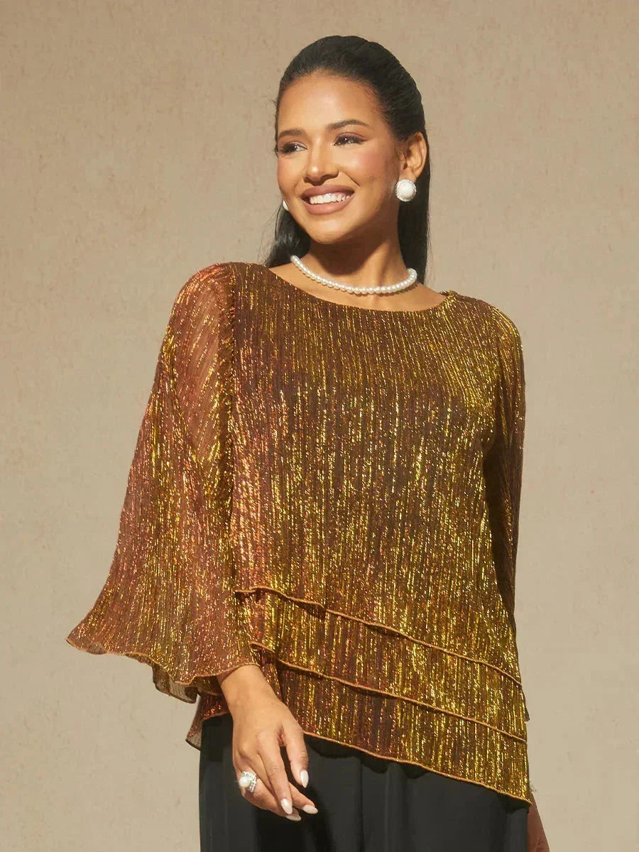 Blusa asimétrica de gasa plisada metalizada con capas superpuestas