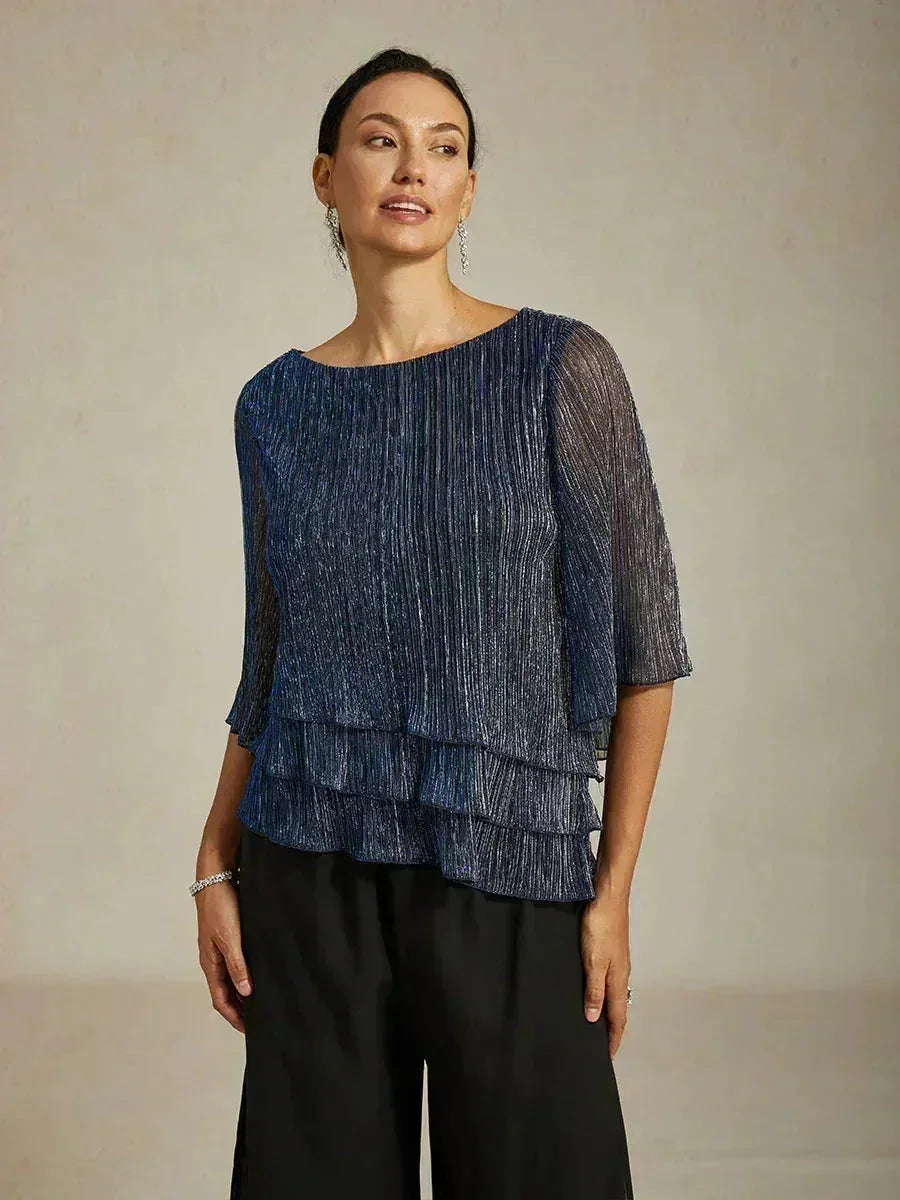 Blusa asimétrica de gasa plisada metalizada con capas superpuestas