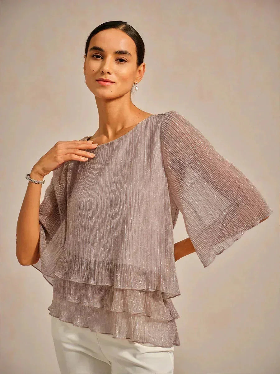 Blusa asimétrica de gasa plisada metalizada con capas superpuestas