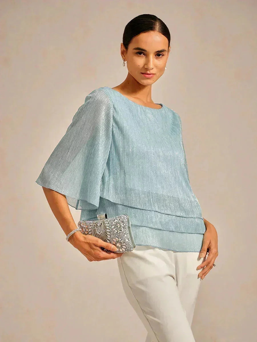 Blusa asimétrica de gasa plisada metalizada con capas superpuestas