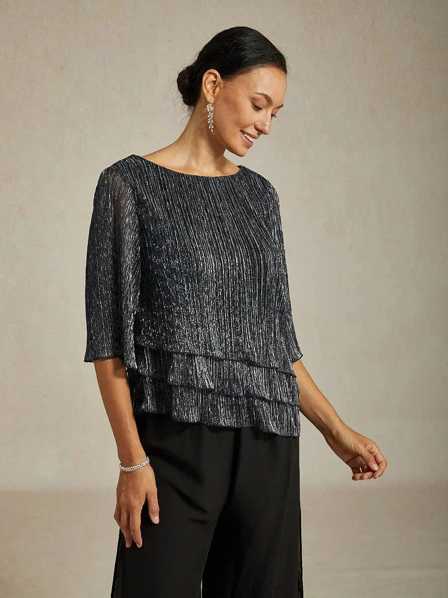 Blusa asimétrica de gasa plisada metalizada con capas superpuestas