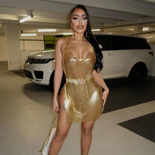 Vestido Corto Mujer – Fiesta, Cuello Colgante y Espalda Abierta