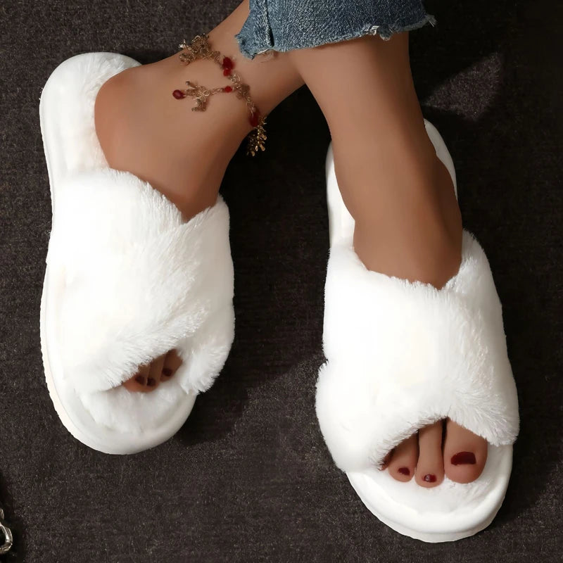 Zapatillas Peludas Cruzadas Mujer – Tacón Plano Ligero y Cómodas