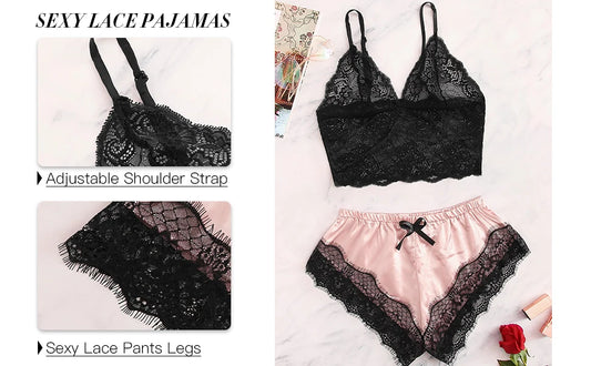 Conjunto de Pijama Sexy de Encaje para Mujer – 2 Piezas, Elegante y Cómodo