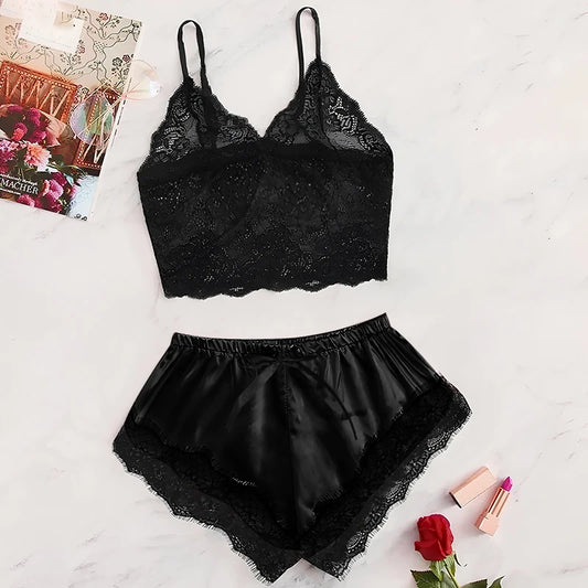 Conjunto de Pijama Sexy de Encaje para Mujer – 2 Piezas, Elegante y Cómodo