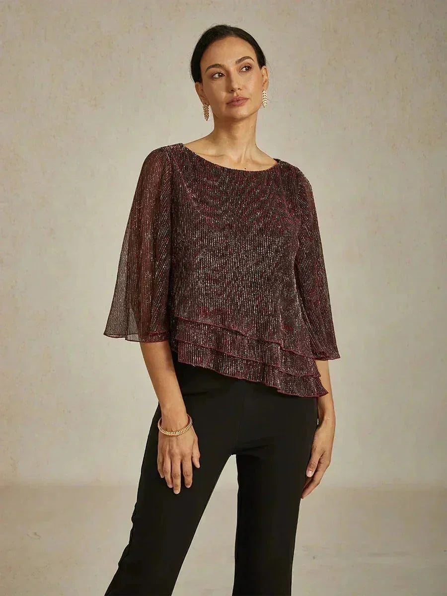 Blusa asimétrica de gasa plisada metalizada con capas superpuestas
