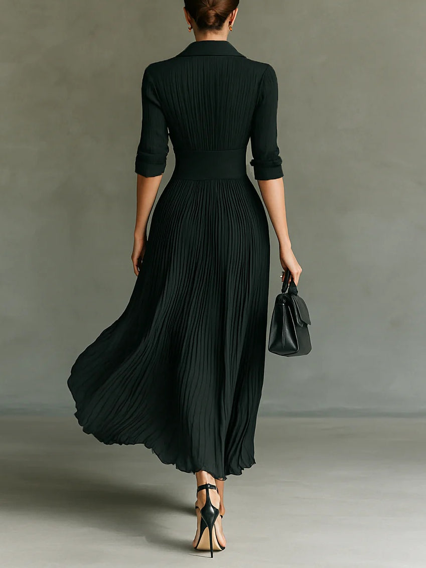Elvira | Vestido largo plisado con solapa y cintura alta