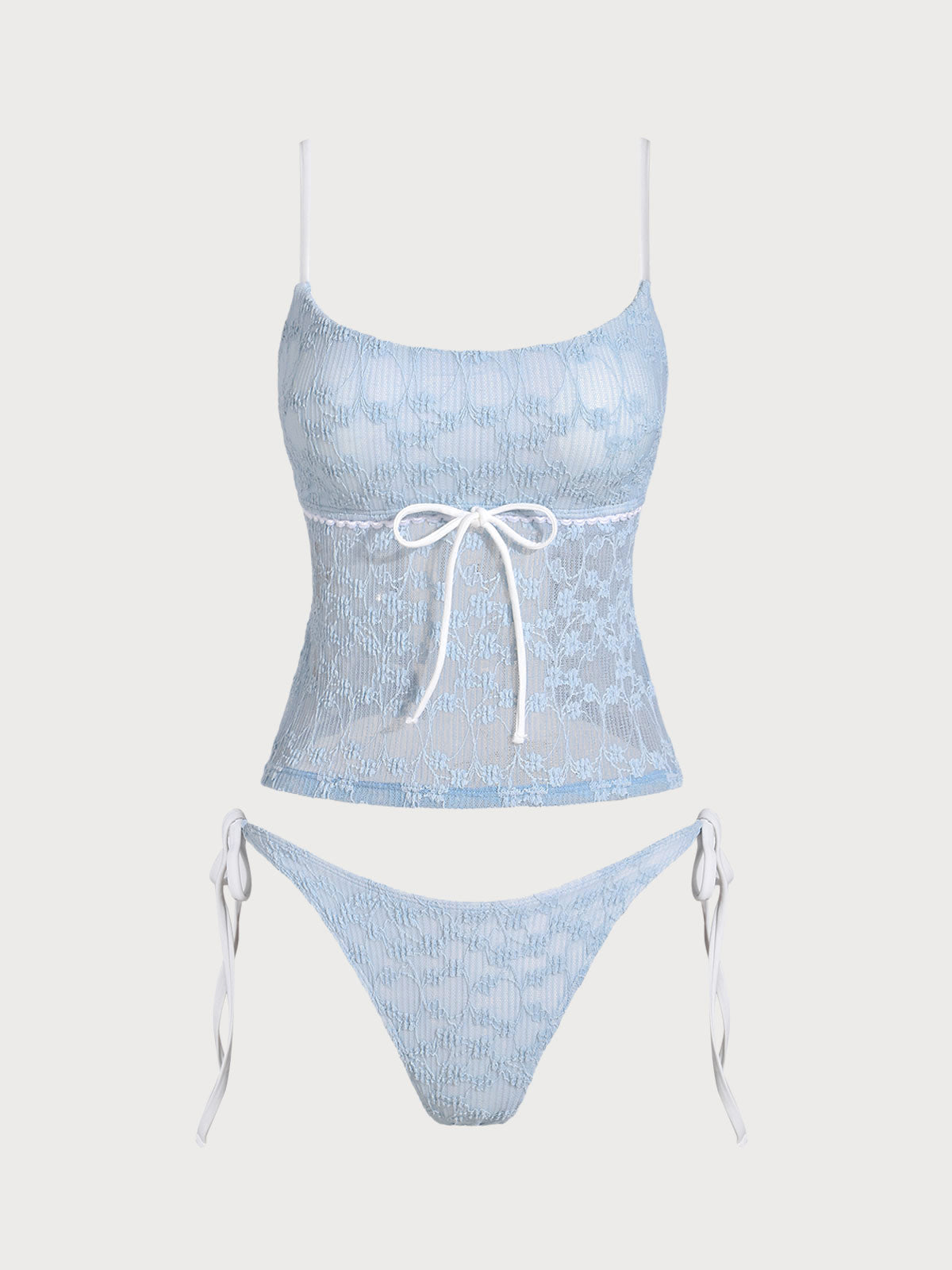 Conjunto de tankini de encaje azul claro con contraste