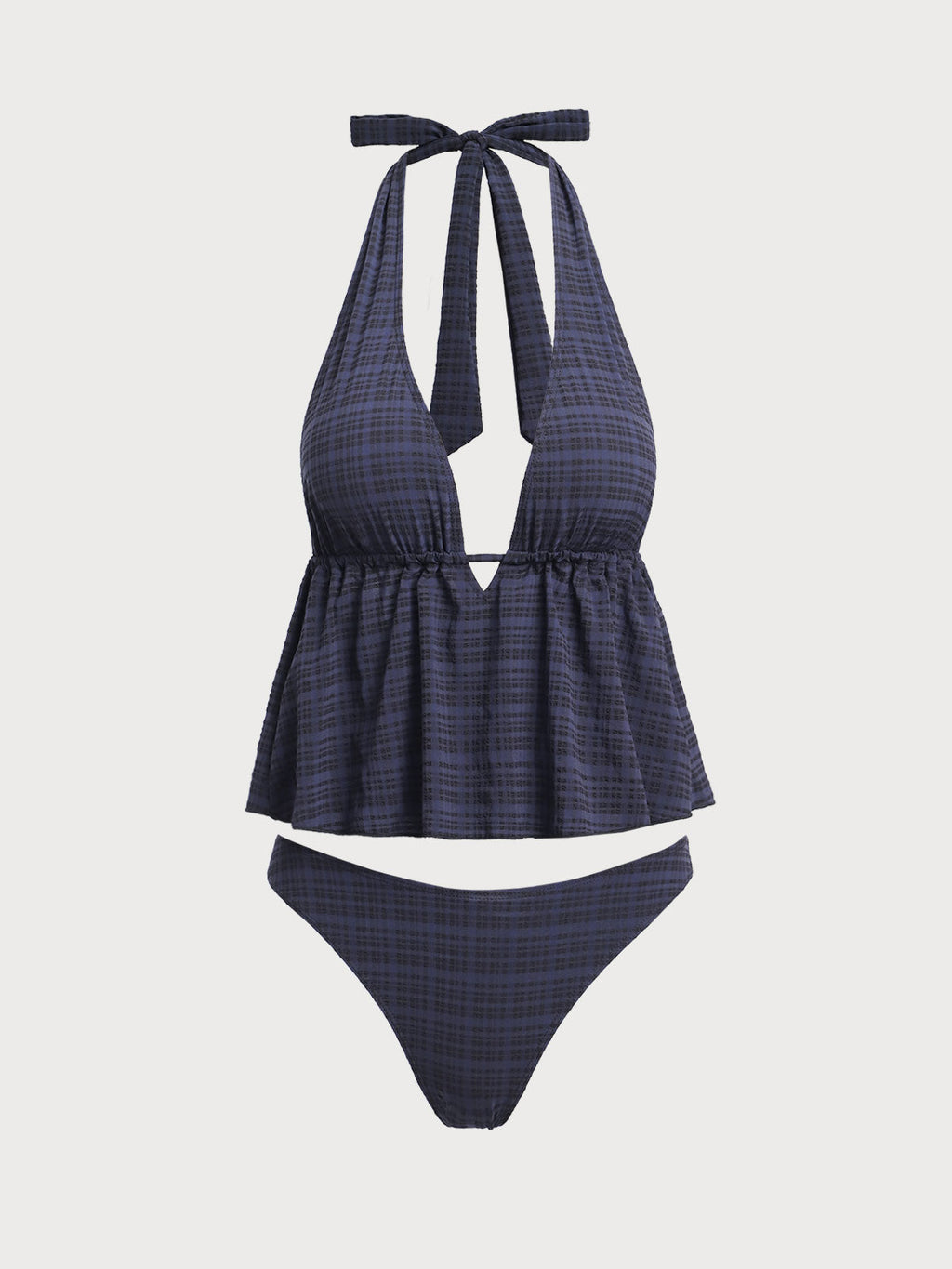 Conjunto de tankini a cuadros con escote en V profundo negro
