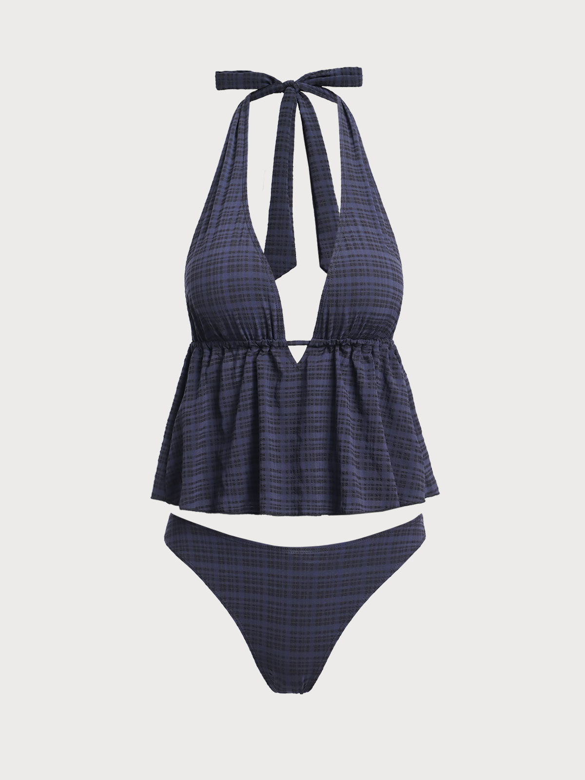 Conjunto de tankini a cuadros con escote en V profundo negro