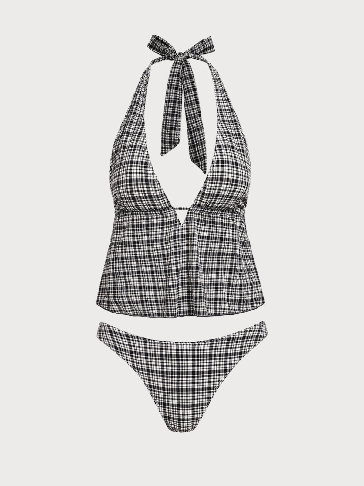 Conjunto de tankini a cuadros con escote en V profundo negro