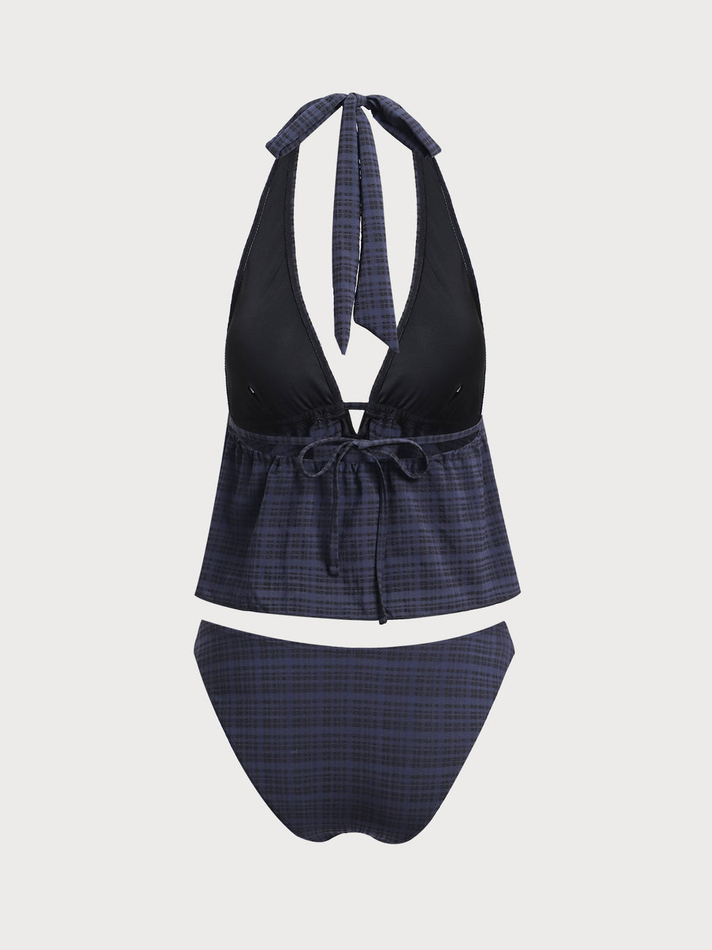 Conjunto de tankini a cuadros con escote en V profundo negro