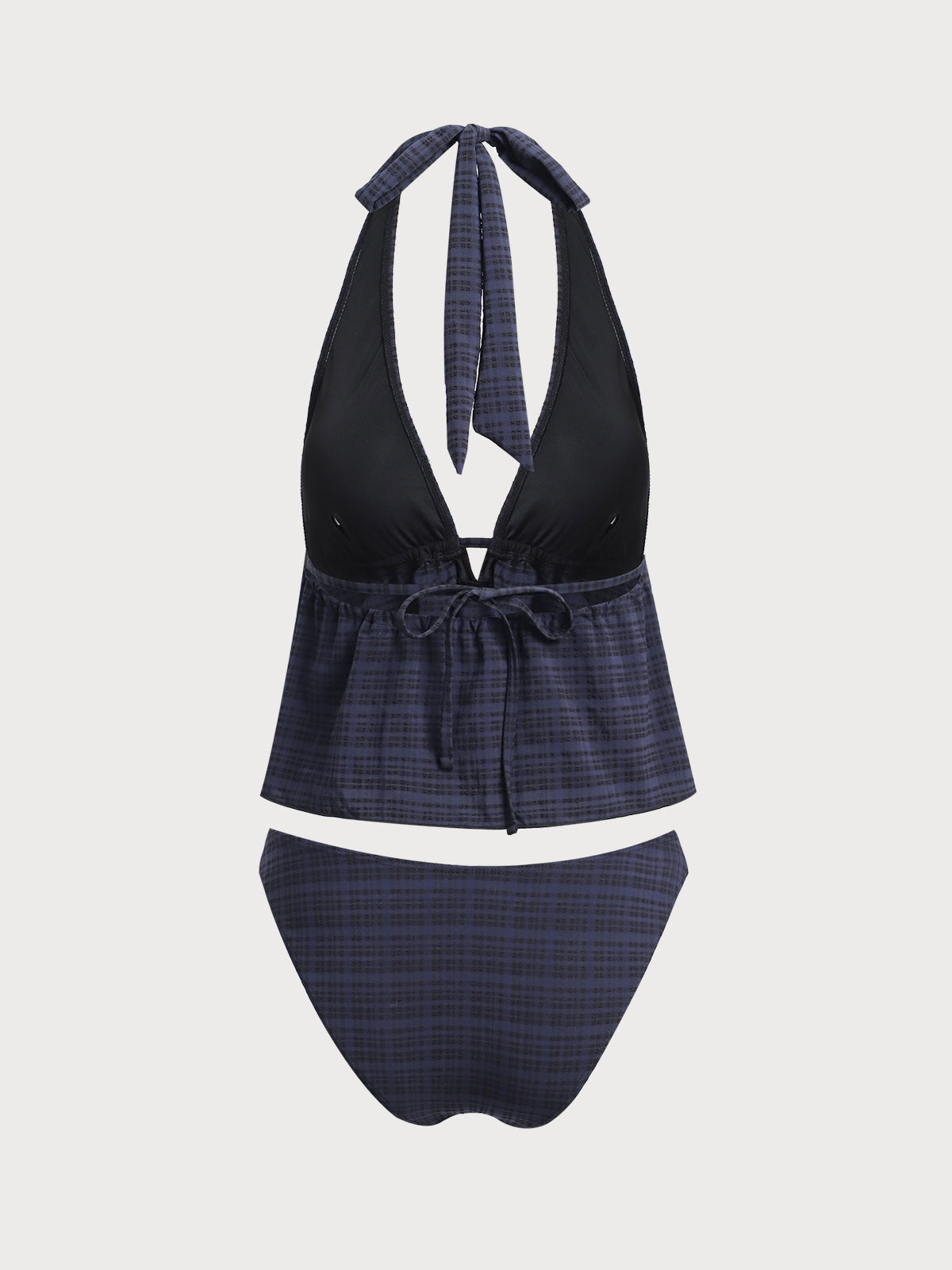 Conjunto de tankini a cuadros con escote en V profundo negro