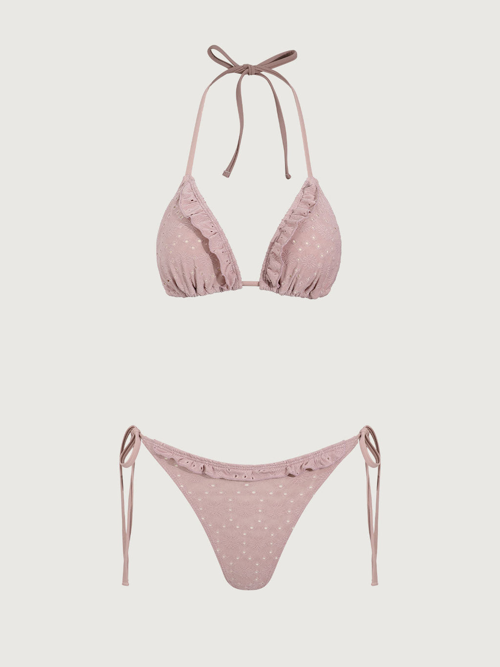 Bikini rosa con volantes y traje de baño de tres piezas