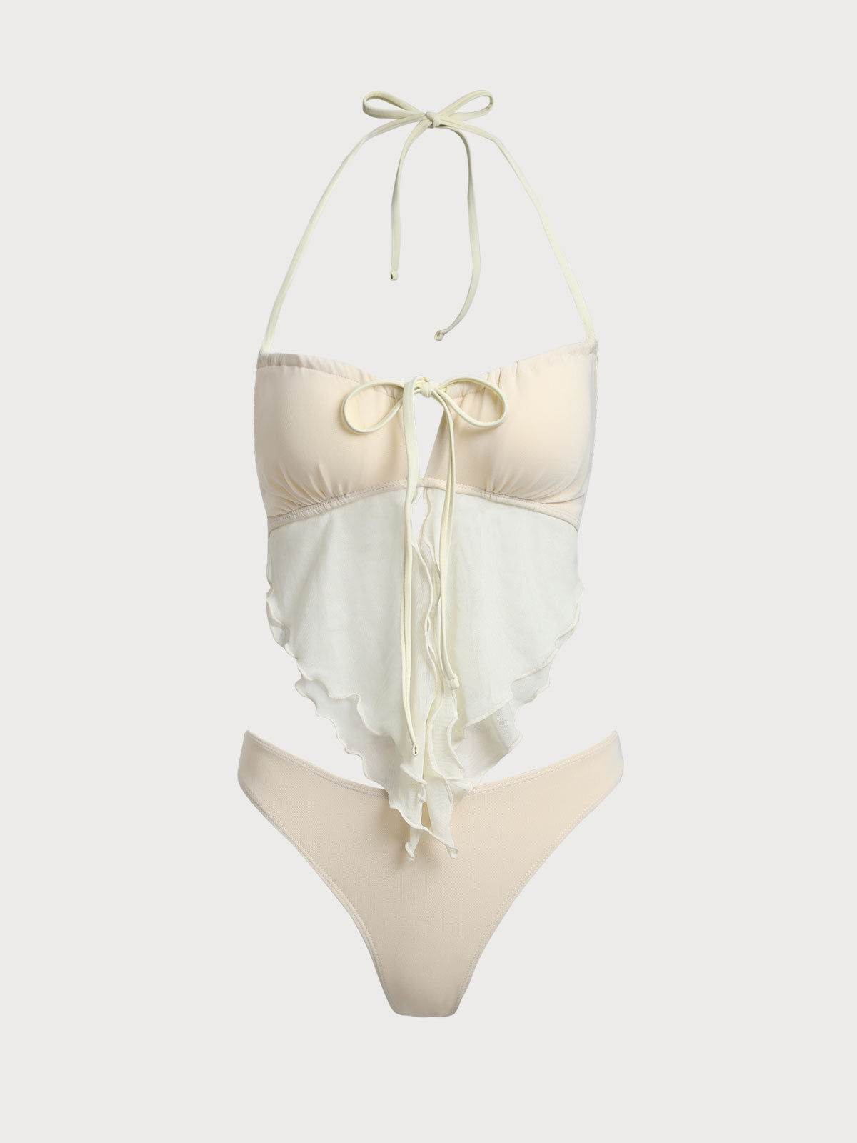 Conjunto de tankini fruncido de malla color blanco roto