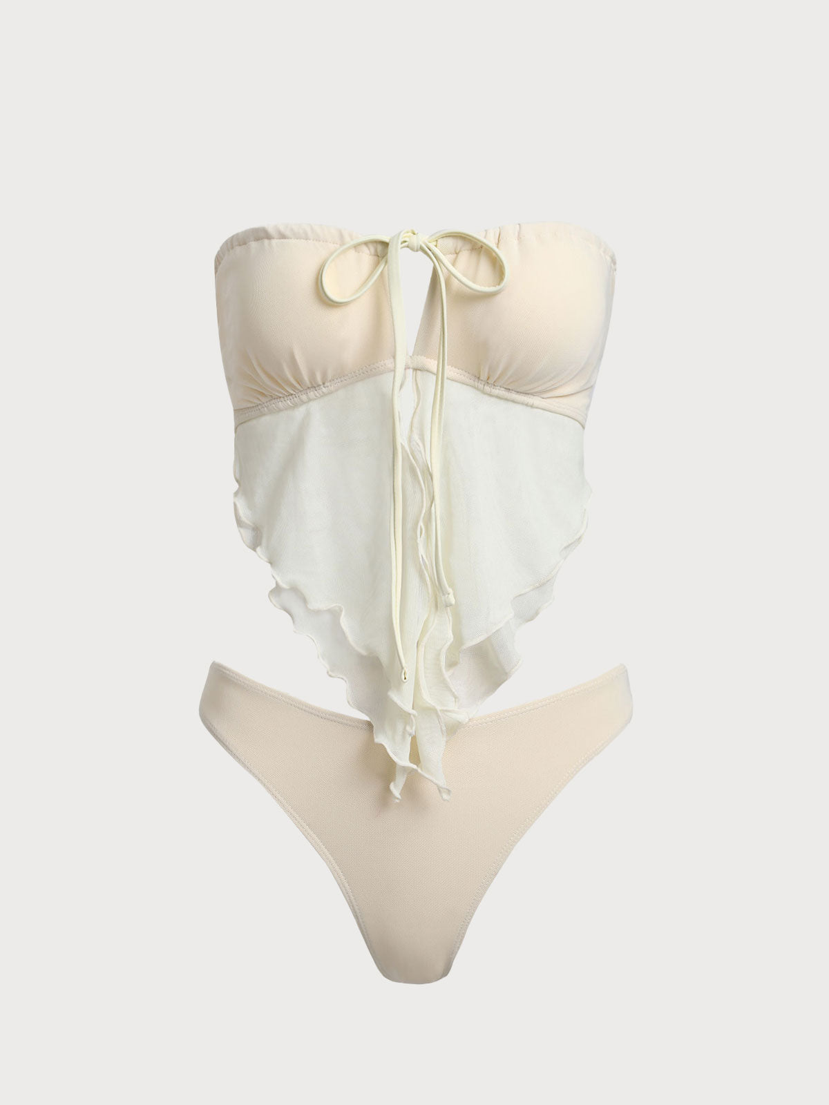 Conjunto de tankini fruncido de malla color blanco roto