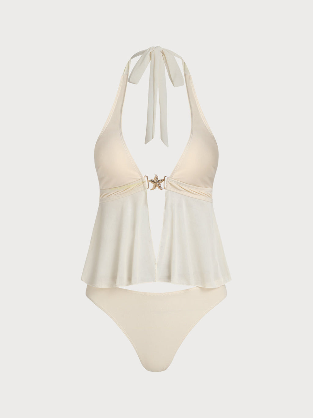 Conjunto de tankini de malla color blanco roto decorado con estrellas de mar