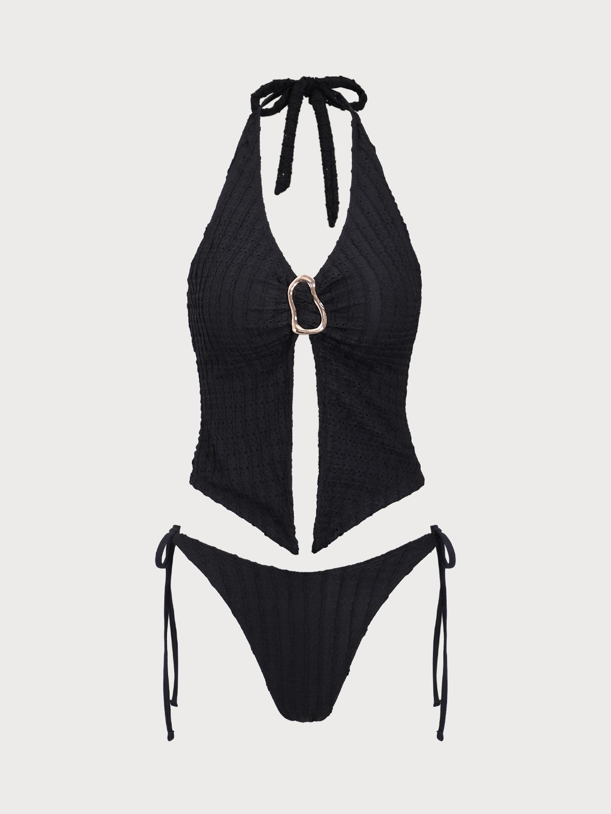 Conjunto de tankini negro con aberturas y estampado jacquard.