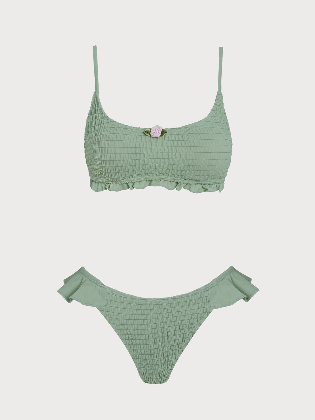 Conjunto de bikini verde fruncido con volantes y estampado floral