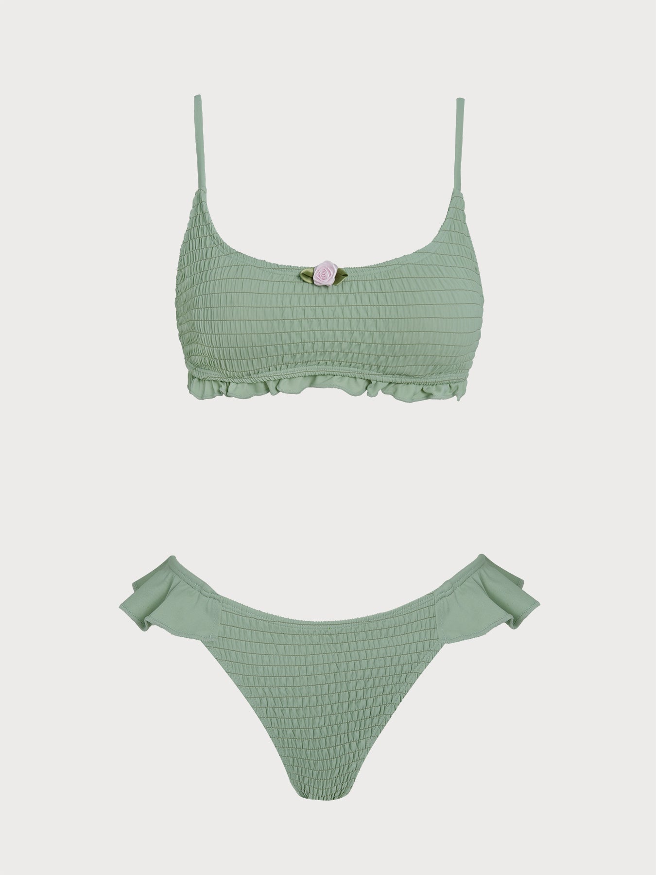 Conjunto de bikini verde fruncido con volantes y estampado floral