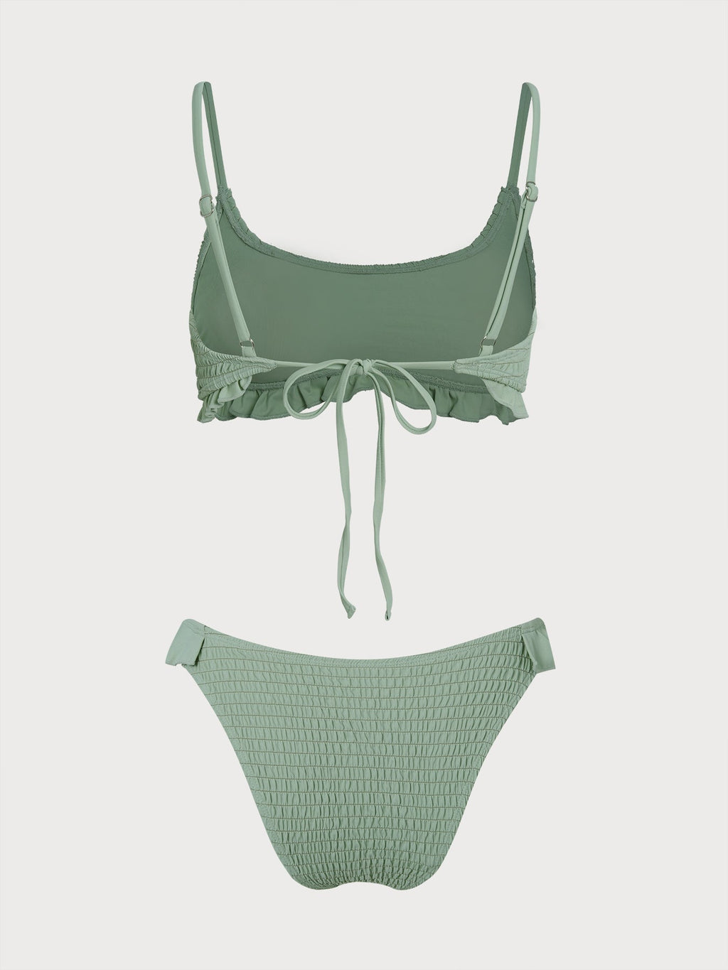 Conjunto de bikini verde fruncido con volantes y estampado floral