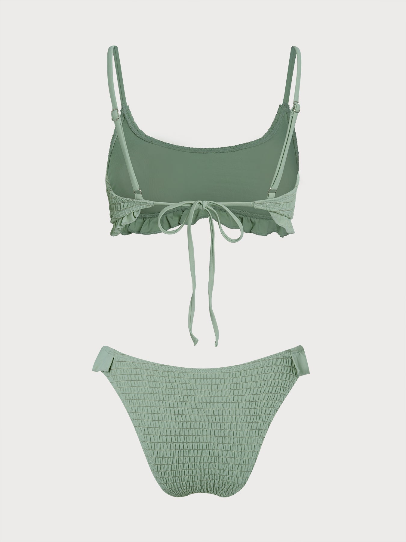 Conjunto de bikini verde fruncido con volantes y estampado floral