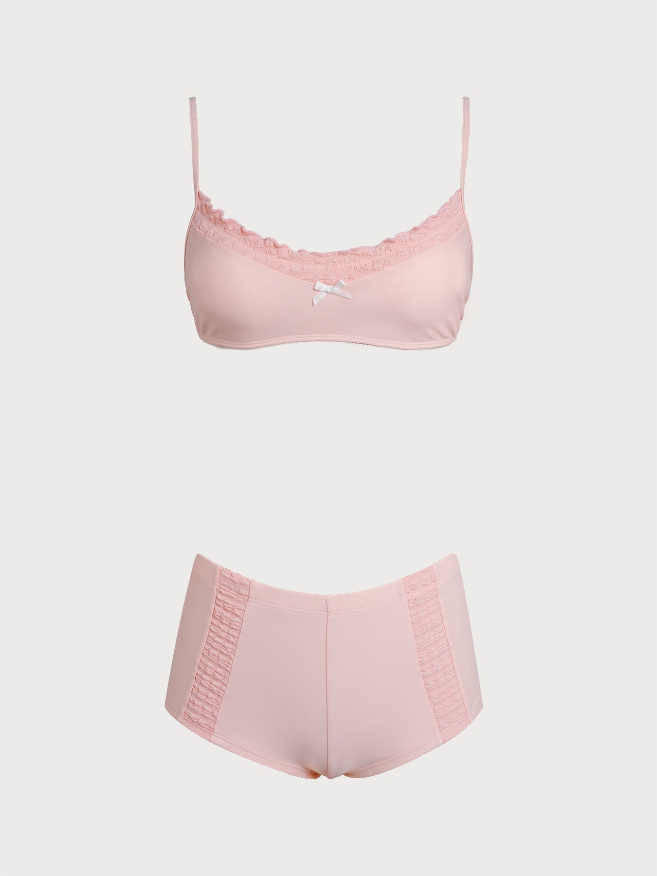 Conjunto de bikini corto con volantes y patchwork en rosa Bean