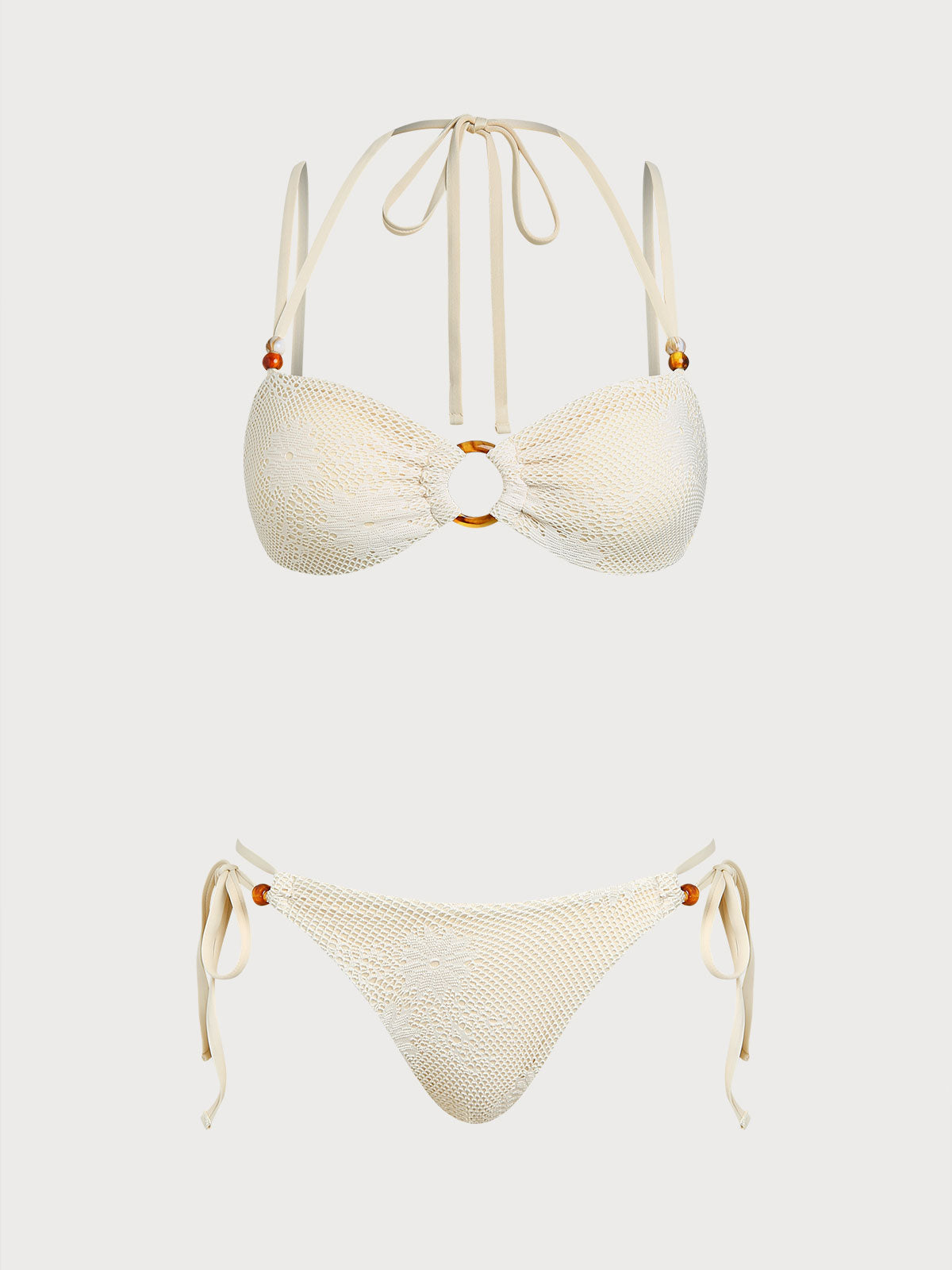 Conjunto de bikini floral beige con aro en forma de O